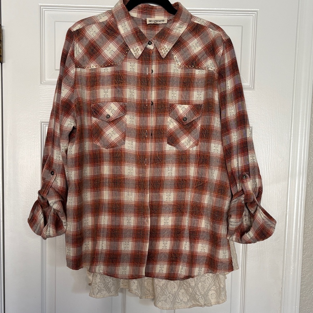 Plaid and Lace Button-Up Shirt